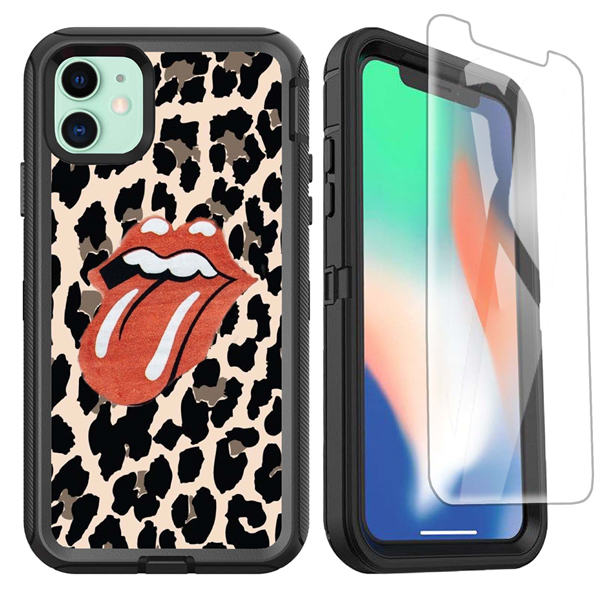 OTTARTAKS iPhone 11 Case with Screen Protector, Luxury Fashion Full Body Rugged Heavy Duty Case for Women Girls, Shockproof Anti-Slip 3-Layer Protective Case for iPhone 11 6.1inch, Leopards Lips
