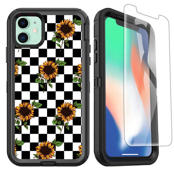 OTTARTAKS iPhone 11 Case with Screen Protector, Full Body Rugged Heavy Duty Case with Sunflowers Black Checkered Cute Design, Shockproof Anti-Slip 3-Layer Protective Case for iPhone 11 6.1inch