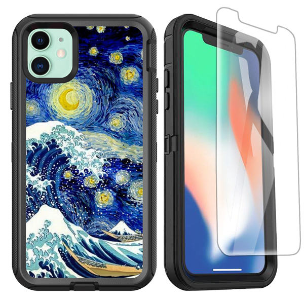 OTTARTAKS iPhone 11 Case with Screen Protector, Aesthetics Art iPhone 11 Case Ocean Starry Sky Japanese Wave Design, Shockproof 3-Layer Full Body Heavy Duty Protective Case for iPhone 11, Blue