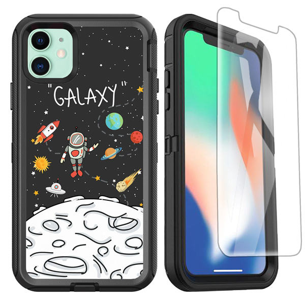OTTARTAKS iPhone 11 Case with Screen Protector, Galaxy Astronaut Space Planet iPhone 11 Case Cute Funny Design, Shockproof 3-Layer Full Body Rugged Heavy Duty Protective Case for iPhone 11 6.1inch