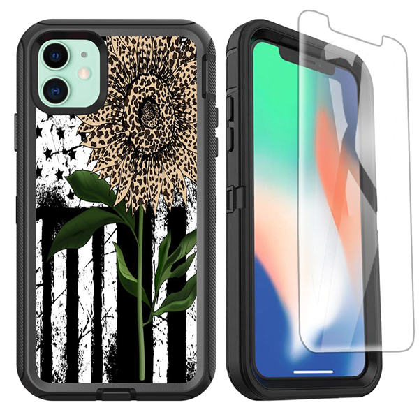 OTTARTAKS iPhone 11 Case for Women Girls Cute, Leopard Sunflower American Flag iPhone 11 Case with Screen Protector, Shockproof Full Body Rugged Heavy Duty Protective Case for iPhone 11 6.1inch