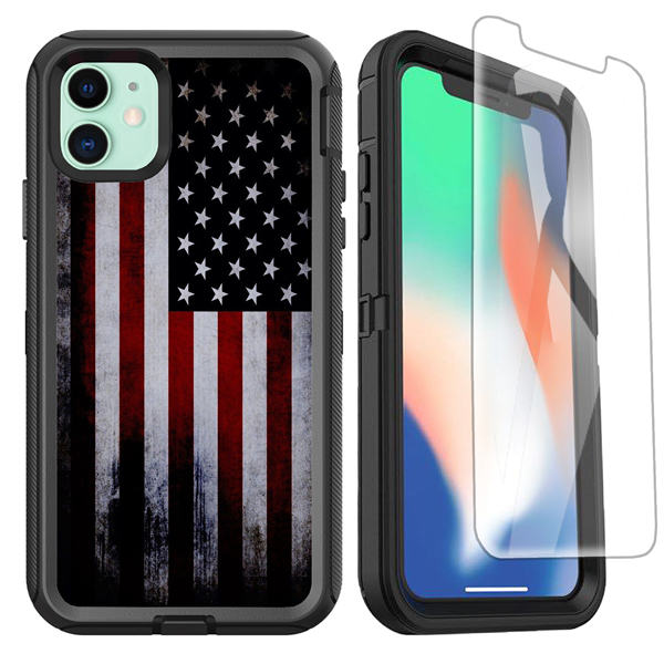 OTTARTAKS American Flag iPhone 11 Case with Screen Protector, Red Old USA Flag Design iPhone 11 Case for Men Boys, 3-in-1 Shockproof Heavy Duty Full-Body Protective Case for iPhone11 6.1inch