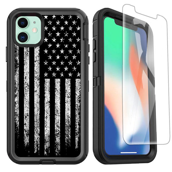 OTTARTAKS iPhone 11 Case with Screen Protector, iPhone 11 Case for Men Boys with Black and White USA Ameican Flag Design, 3-in-1 Shockproof Heavy Duty Full-Body Protective Case for iPhone11, 6.1