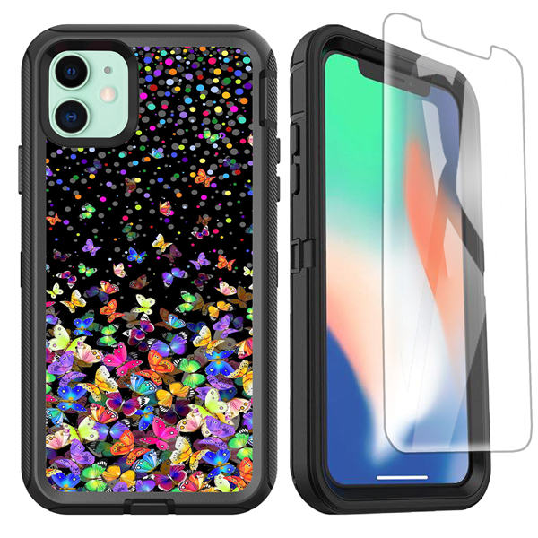 OTTARTAKS iPhone 11 Case with Screen Protector, Colorful Butterfly Cute Design iPhone 11 Case for Girls and Women, 3-in-1 Heavy Duty Full-Body Shockproof Protective Black Cover for iPhone 11 6.1Inch