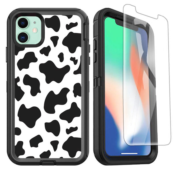 OTTARTAKS Cow Print iPhone 11 Case with Screen Protector, Cute Luxury Design iPhone 11 Case for Women Girls, Shockproof 3-Layer Full Body Rugged Heavy Duty Protective Case for iPhone 11 6.1inch