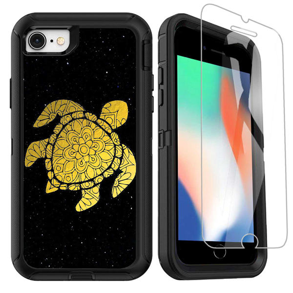 OTTARTAKS iPhone SE 2020 Case with Screen Protector, Gold Sea Turtle Cute Full Body Heavy Duty iPhone 7 8 Case, Shockproof 3-Layer Protective Case for iPhone SE 2nd/7/8/6/6s, Black Starry Sky Turtle