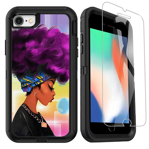 OTTARTAKS iPhone SE 2020 Case with Screen Protector, Full Body Heavy Duty iPhone 7 8 Case Cute African American Women Black Afro Girl, Shockproof 3-Layer Protective Case for iPhone SE 2nd/7/8/6/6s