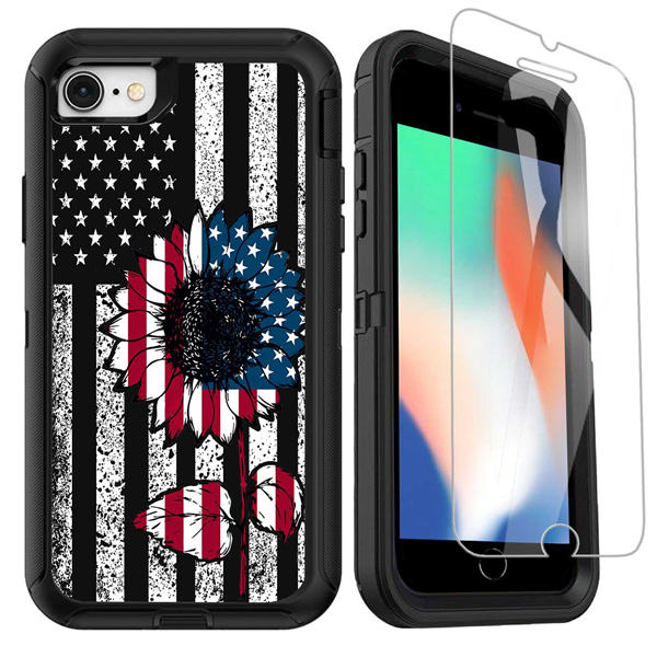 OTTARTAKS iPhone SE 2020 Case with Screen Protector, Full Body Heavy Duty iPhone 8 Case for Boys Girls, Shockproof 3-Layer Protective Case for iPhone SE 2nd/7/8/6/6s, Sunflower American Flag