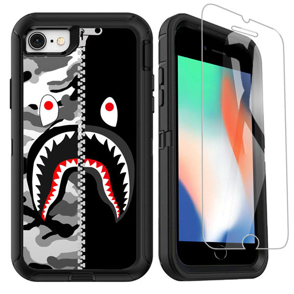 OTTARTAKS iPhone SE 2020 Case with Screen Protector, Street Fashion Full Body Heavy Duty Camo iPhone 7 8 Case for Boys, Shockproof 3-Layer Protective Case for iPhone SE 2nd/7/8/6/6s, Black Grey Shark