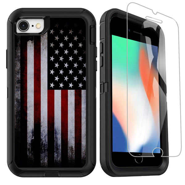 OTTARTAKS iPhone SE 2020 Case with Screen Protector, iPhone 7 8 Case for Men Red Old American Flag Design, Full Body Heavy Duty Shockproof Protective Case for iPhone SE 2nd/7/8/6/6s, Old USA Flag