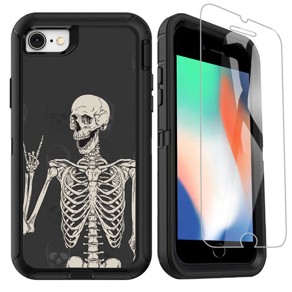 OTTARTAKS iPhone SE 2020 Case with Screen Protector, Cool Funny Skull iPhone 7 8 Case Rock and Roll Hippie Skeleton Design, Full Body Heavy Duty Shockproof Protective Case for iPhone SE 2nd/7/8/6/6s