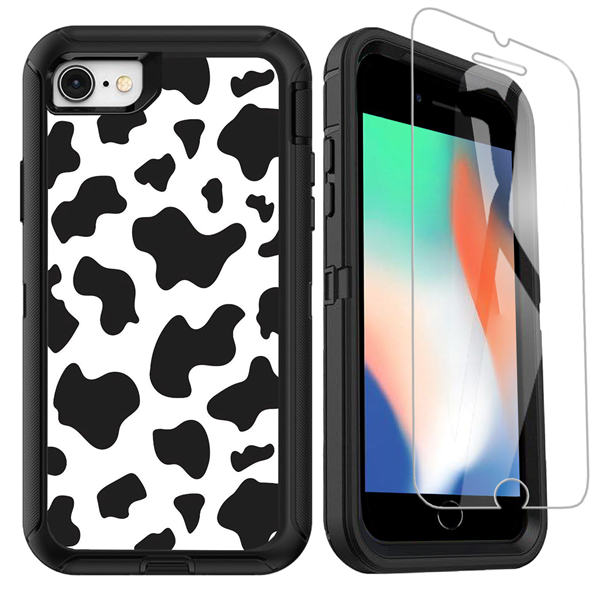 OTTARTAKS iPhone SE 2020 Case with Screen Protector, Cow Print iPhone 7 8 Case for Girl Women Cute Luxury Design, Full Body Heavy Duty Shockproof 3 Layer Protective Case for iPhone SE 2nd/7/8/6/6s