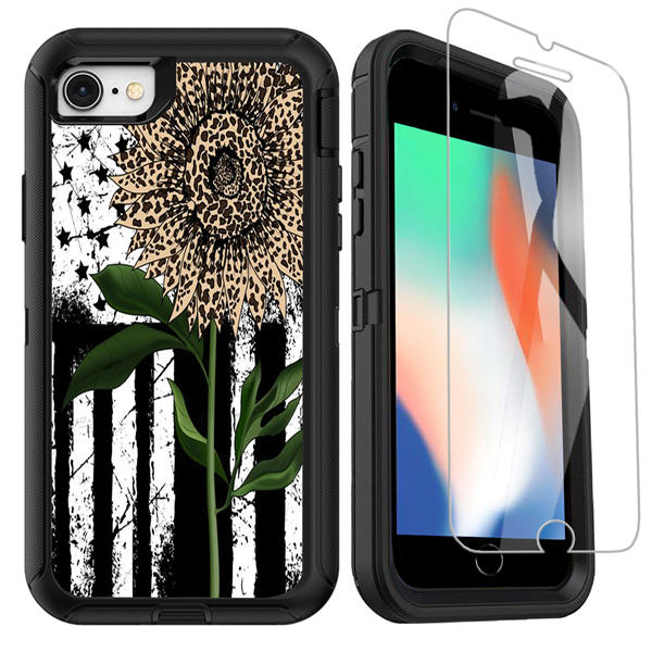 OTTARTAKS iPhone SE 2020 Case with Screen Protector, Leopard Sunflower Cute Full Body Heavy Duty iPhone 7 8 Case for Women, Shockproof 3-Layer Protective Case for iPhone SE 2nd/7/8/6/6s, American Flag