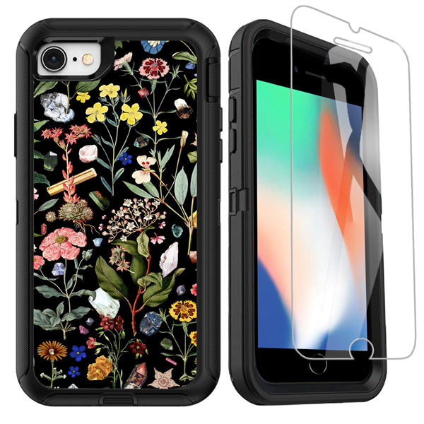OTTARTAKS iPhone SE 2020 Case with Screen Protector, Cute Floral iPhone 7 8 Case for Girls Women, Shockproof 3-Layer Full Body Heavy Duty Protective Case for iPhone SE 2nd/7/8/6/6s, Black Flowers