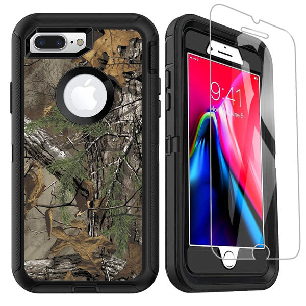 OTTARTAKS iPhone 7 Plus /8 Plus Case with Screen Protector, Full Body Rugged Heavy Duty Camo Case for Men, Shockproof 3-Layer Defender Protective Case for iPhone 7P/8P/6SP/6P Camouflage Realtree