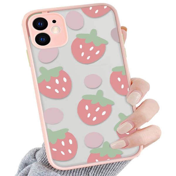 OTTARTAKS iPhone 12 Case Clear Pink Strawberries Pattern, iPhone 12 Case for Girls Women Cute Design, Shockproof PC Back and Soft TPU Bumper Protective Slim Fit Case for iPhone 12 6.1inch